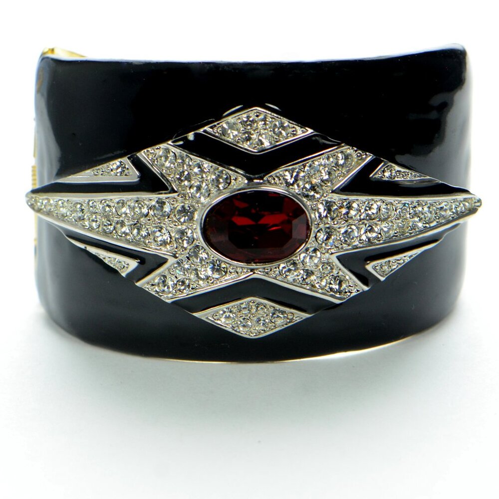 Vintage Kenneth Jay Lane KJL Black Enamel Crystal Deco Bracelet